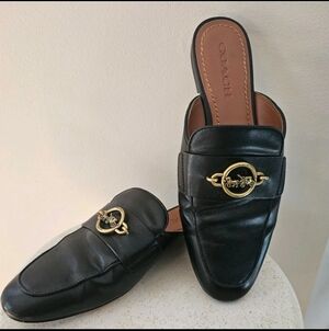 Coach Black Leather Mules with Gold Carriage Accent